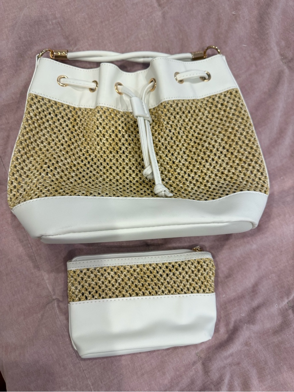 NEW White & Natural Woven Bucket Bag with Pouch